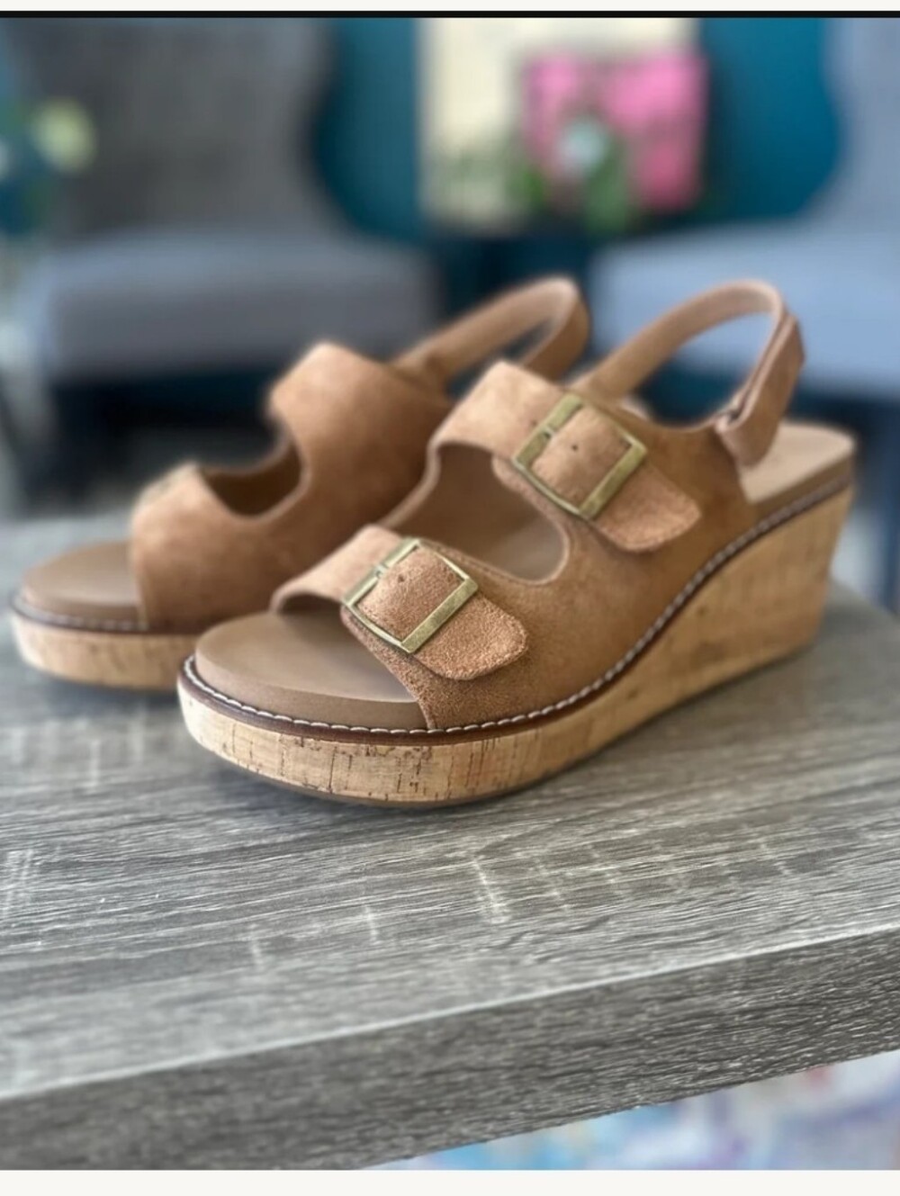 Corkys My 2 Cents Brown Tobacco Suede Cork Wedge Sandals with Buckles